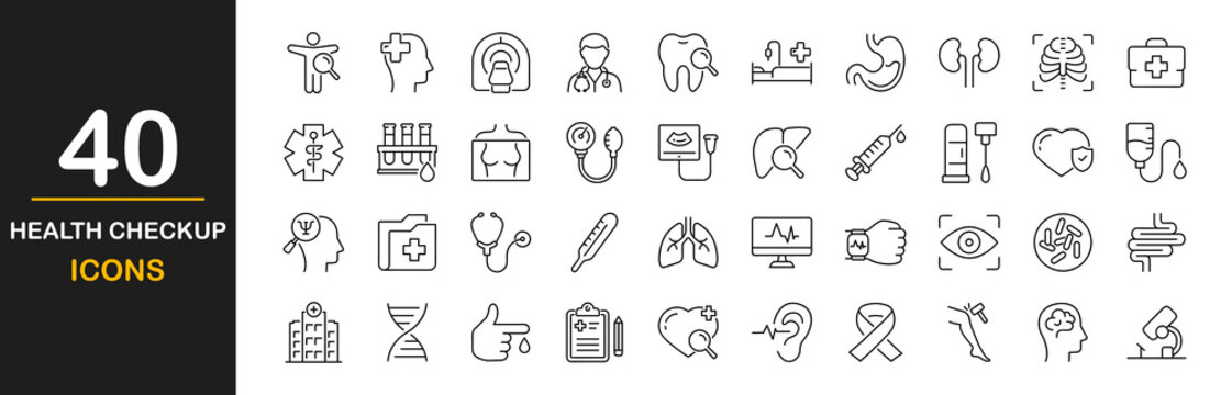 Health checkup icon set. Contains such icons as hospital, doctor, nurse, stethoscope, instruments, research, organs, tests, viruses, lung, liver, brain, eye, hearing, kidneys, stomach and more