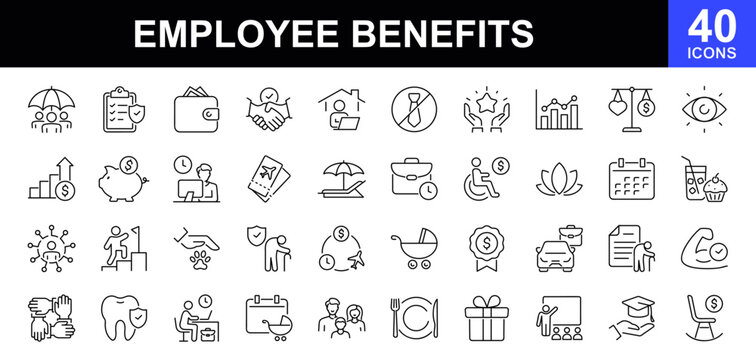 Employee benefits icon set. Contains such icons as health insurance, retirement plan, paid time off, dental coverage, vision benefits, life insurance, wellness programs and more