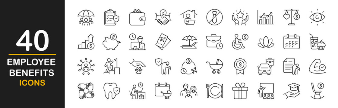 Employee benefits icon set. Contains such icons as health insurance, retirement plan, paid time off, dental coverage, vision benefits, life insurance, wellness programs and more