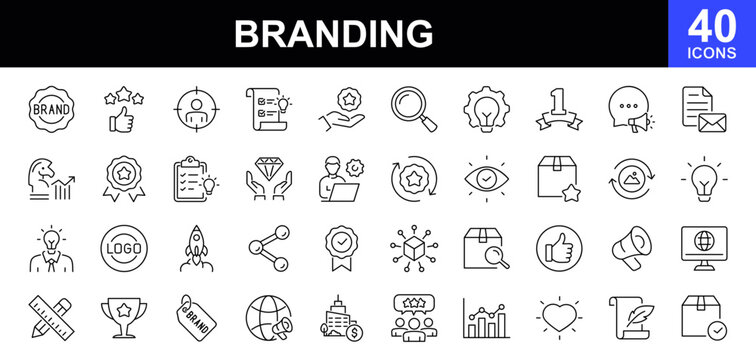 Branding icon set. Contains such icons as marketing, product, innovation, strategy, values, loyal customers, identity, brand value, design, logo, target audience, social media and more