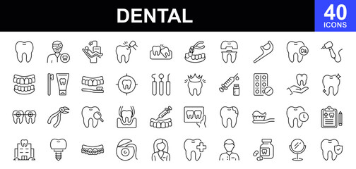 Dental icon set. Contains such icons as tooth, toothpaste, toothbrush, teeth, implant, dentistry, dentist, tooth filling, wisdom teeth, braces, caries, floss, veneer, shiny smile and more