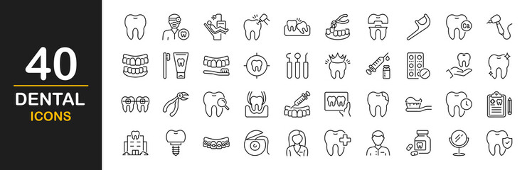 Dental icon set. Contains such icons as tooth, toothpaste, toothbrush, teeth, implant, dentistry, dentist, tooth filling, wisdom teeth, braces, caries, floss, veneer, shiny smile and more