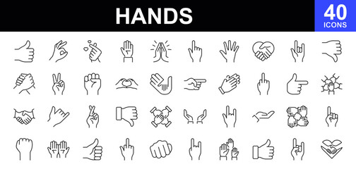Hand gestures icon set. Contains such icons as handshake, clapping hands, horns, thumb up finger, middle finger, helping hand, heart,  fingers crossed, fist, direction, like, unlike and more