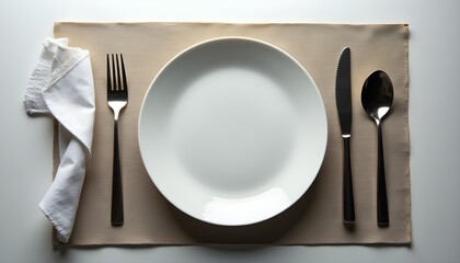 A white plate with a knife, fork and spoon placed on a burlap placemat