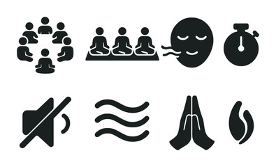 Mindfulness and meditation solid icons set – silhouette, yoga, wellness symbols