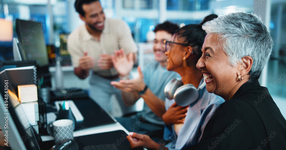 Poster Office, computer and businesswoman with applause for celebration, motivation and coding team. Night, collaboration and mature programmer with success for programming, support and excited for goal