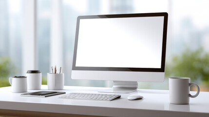 Fototapeta premium A computer monitor sits on a desk with a cup, a pen, and a keyboard