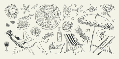 Obraz premium Summer coastal vacation hand drawn ink illustration set. Italian summer beach elements with sunbathing woman, lounger, food, cocktail, for card, poster, invitation. Mediterranean vibe doodle vector.