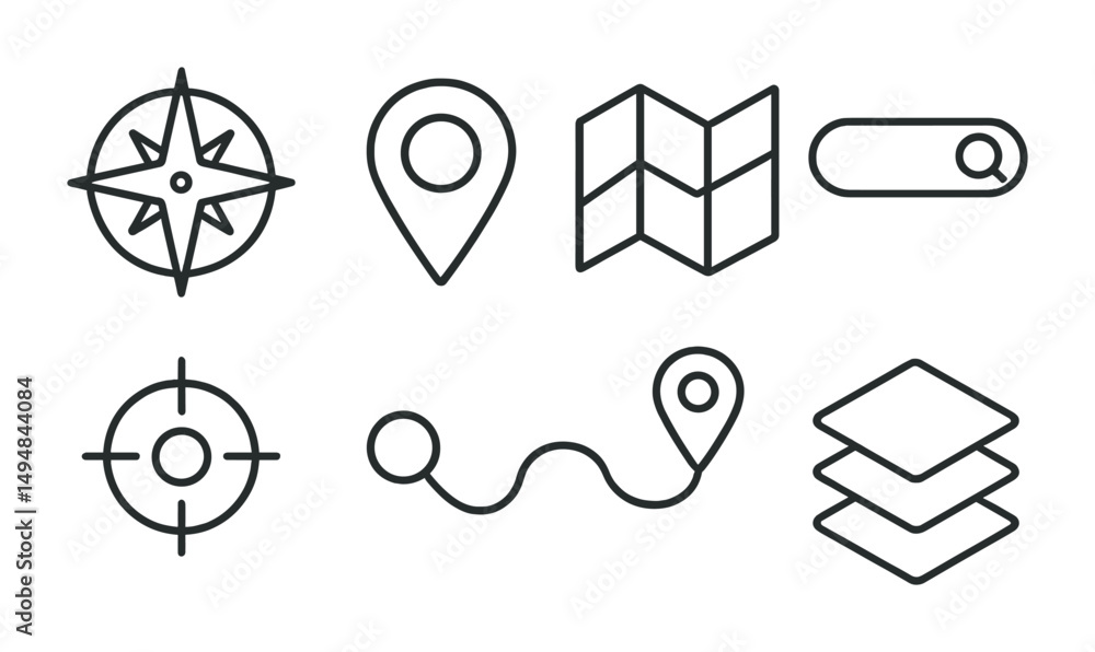 Aufkleber navigation and map line icons set – outline, gps, location symbols for wayfinding