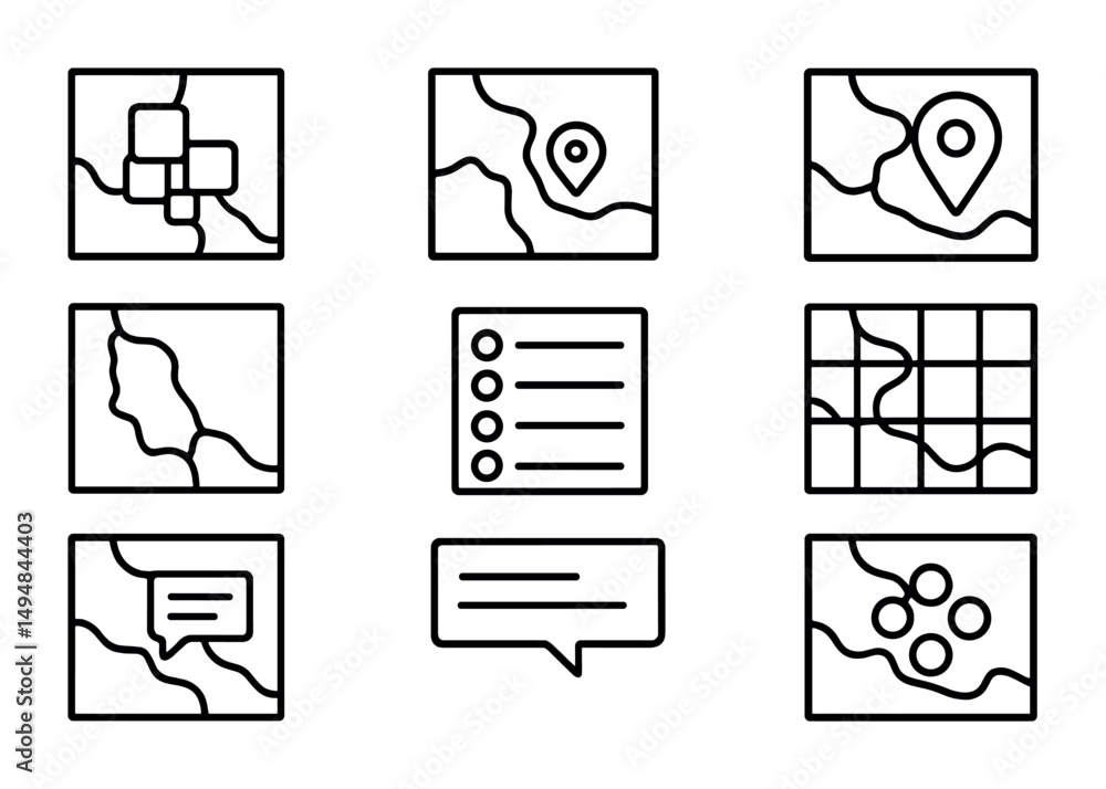 Aufkleber navigation and map outline icons set – linear, line, gps and location tools