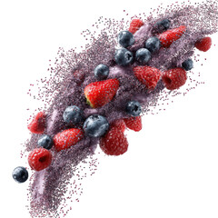 Mixed berries with purple powder explosion isolated on transparent background.png white backgroundparent background