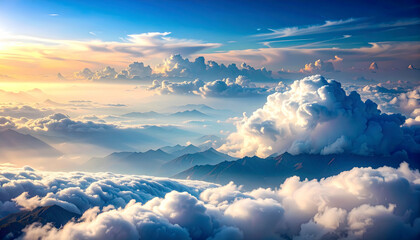 Aerial View of Majestic Mountains Bathed in Golden Sunset Light Above a Sea of Clouds