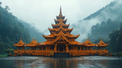 Golden temple in misty mountains