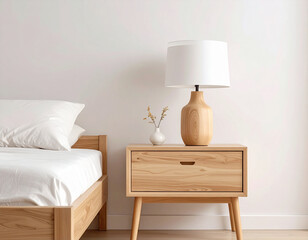 Light wood bedside table with modern lamp and small decorative vase against minimalist white wall. Scandinavian bedroom with neatly made bed and neutral tones.