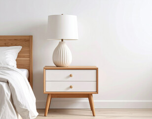 Light wood bedside table with white ceramic lamp  against minimalist white wall. Scandinavian bedroom with neatly made bed , neutral tones