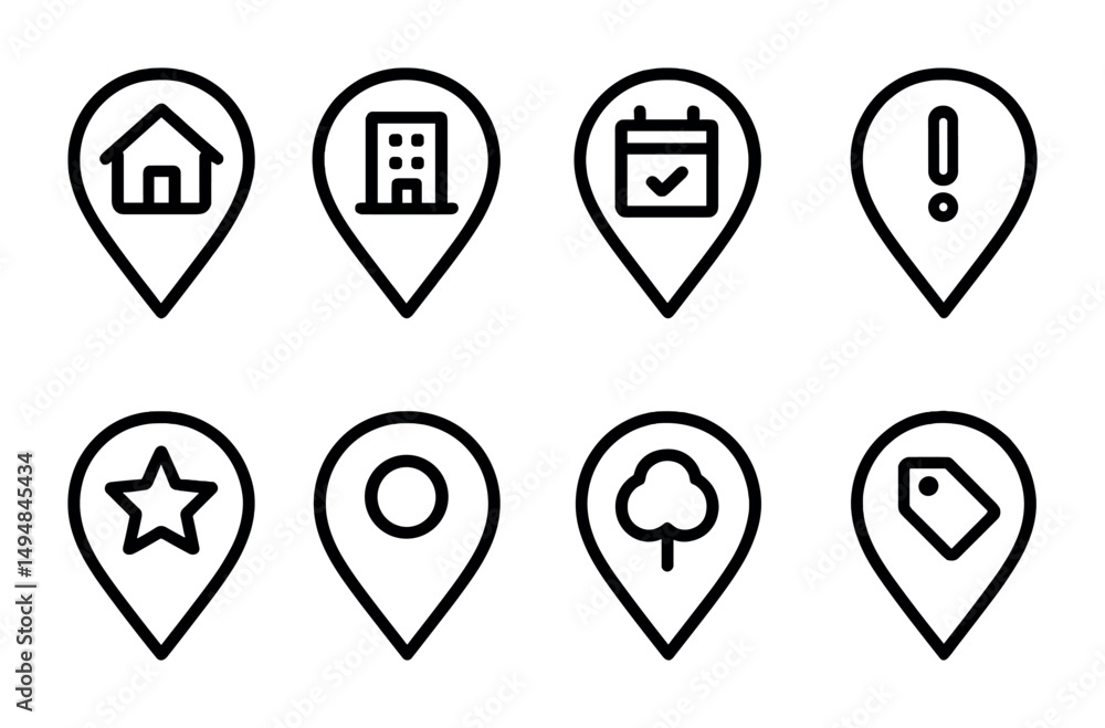 Poster location and navigation icons set – outline, linear, map and gps symbols