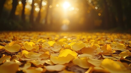 Golden autumn leaves carpet a park path. Sunlight streams through trees