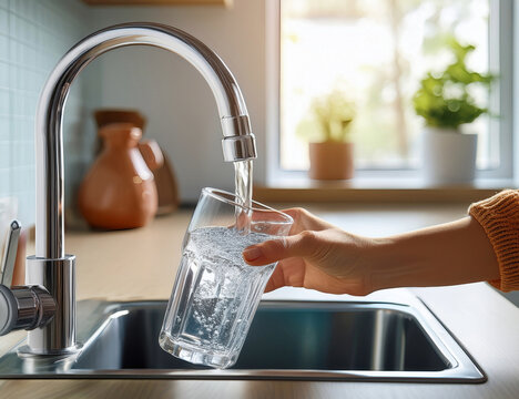 gros plan sur la main d'une femme remplissant un verre d'eau du robinet.