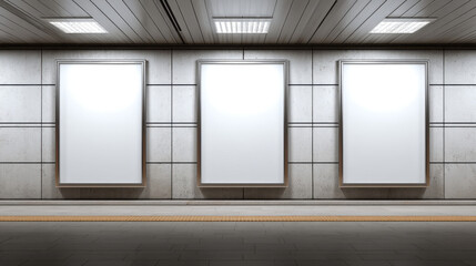Three white posters are hanging on a wall in a subway station