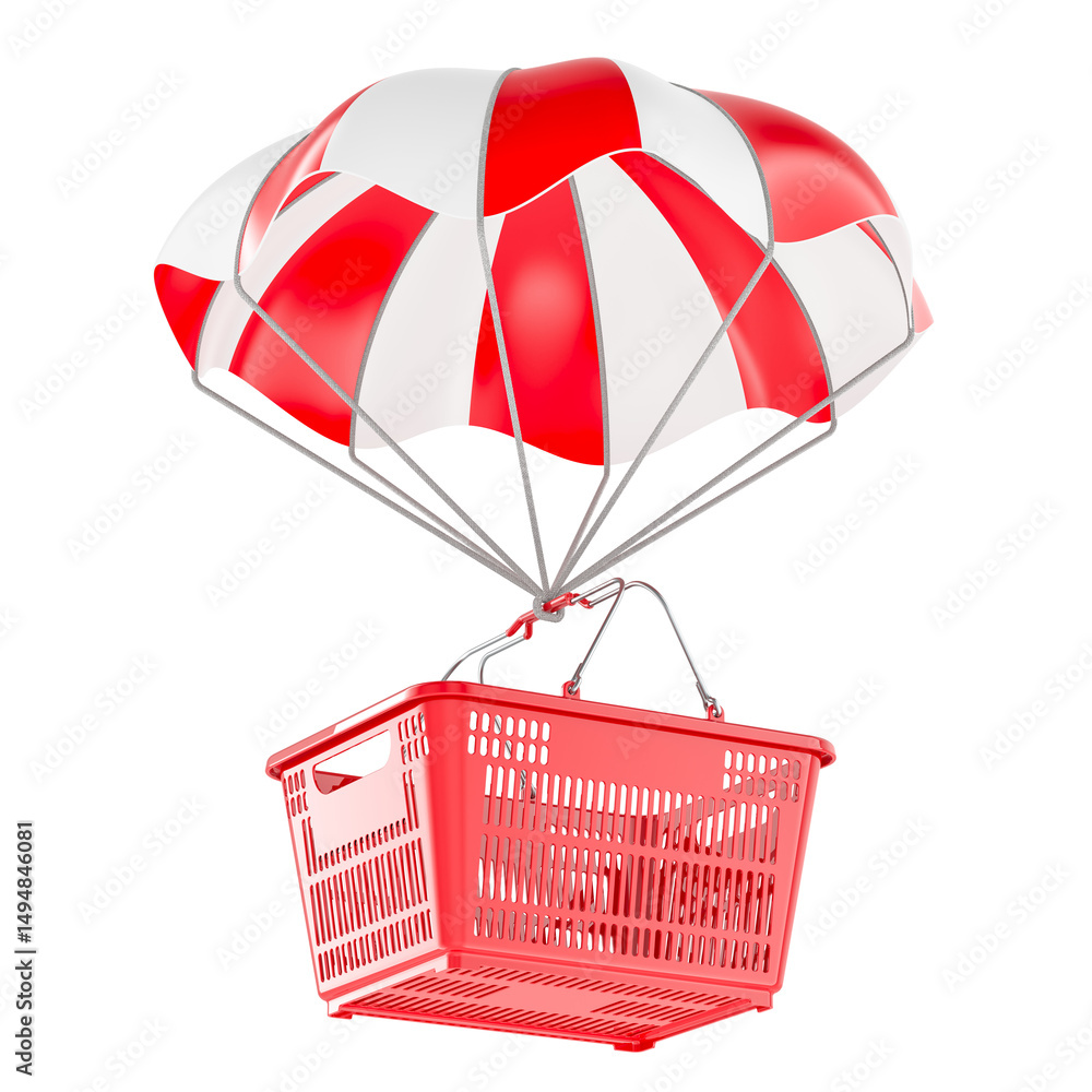 Poster parachute with shopping basket, 3d rendering isolated on transparent background
