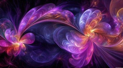 Obraz premium Swirling purple and orange fractal flowers with sparkling details on a dark background