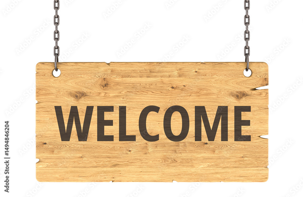 Poster wooden welcome sign hanging on chains. 3d rendering isolated on transparent background