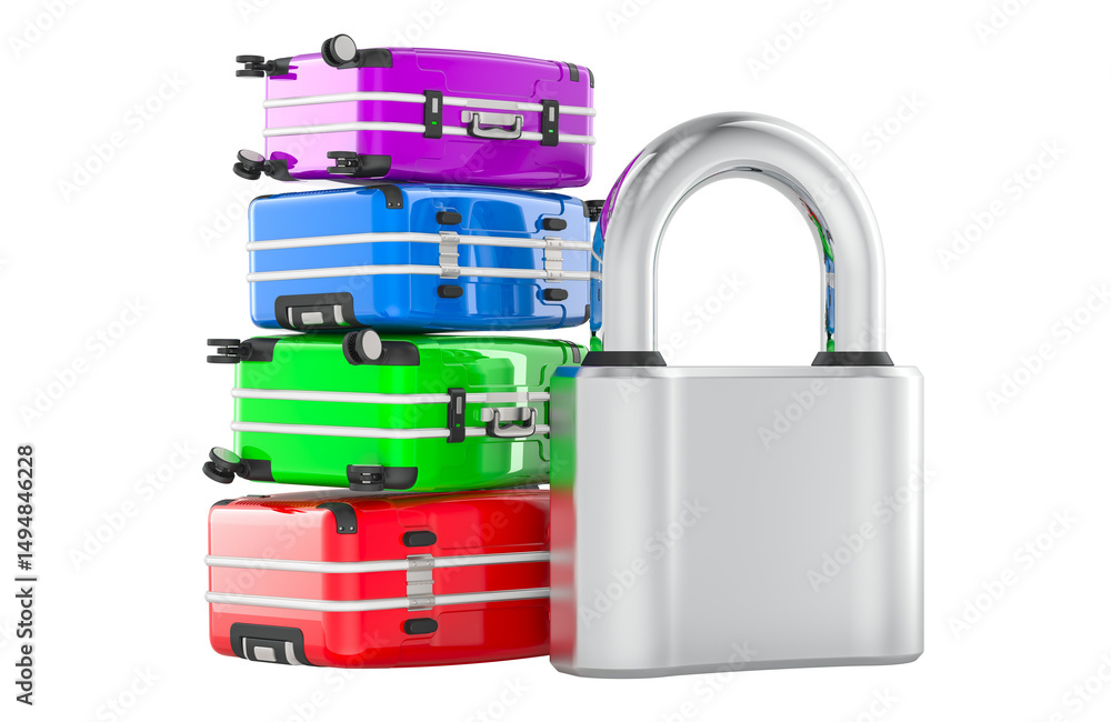 Poster baggage storage, concept. stack of suitcases with padlock. 3d rendering isolated on transparent back