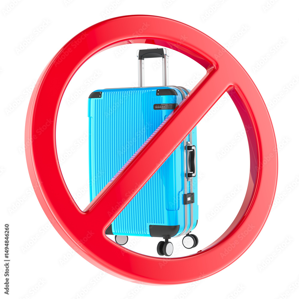 Poster suitcase with prohibition sign. 3d rendering isolated on transparent background