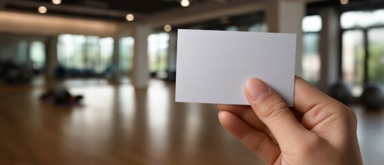 Hand holding blank business card in modern gym, promoting fitness membership or personal training services with copy space