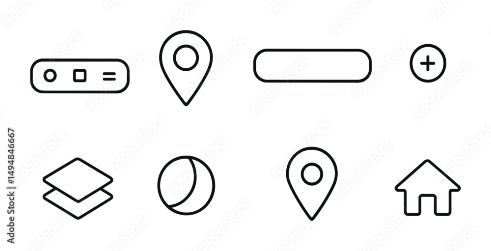 Poster geolocation and navigation outline icons set – map, gps, travel guide symbols