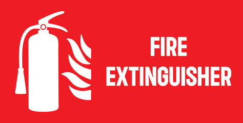 fire extinguisher on red background for emergency safety signage, fire prevention, and hazard protection use