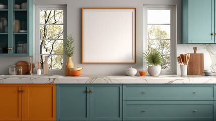 A kitchen with a white frame and a vase of flowers on a counter