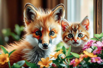 Fototapeta premium Adorable Fox and Kitten Among Colorful Flowers
