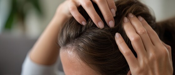 Fototapeta premium Caucasian woman examining her scalp for hair loss or dandruff indoors Concept of hair care, dermatology, and selfcare