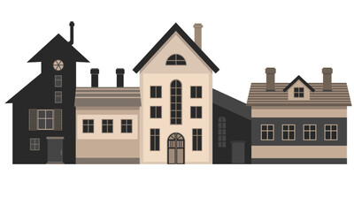 Cute European houses, cartoon city street. Hand drawn vector illustration of building facades