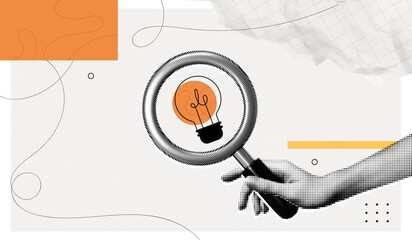 Fototapeta na wymiar Trendy Halftone Collage Search idea. Hand holding magnifying glass with lightbulb. Creative vision and thinking. Business insights and solutions. Find target. Contemporary vector illustration art