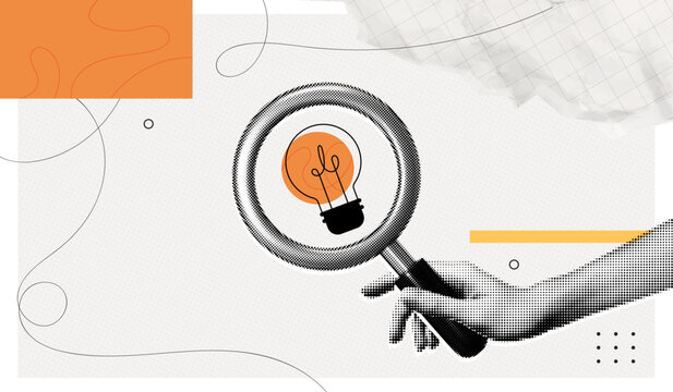 Trendy Halftone Collage Search idea. Hand holding magnifying glass with lightbulb. Creative vision and thinking. Business insights and solutions. Find target. Contemporary vector illustration art