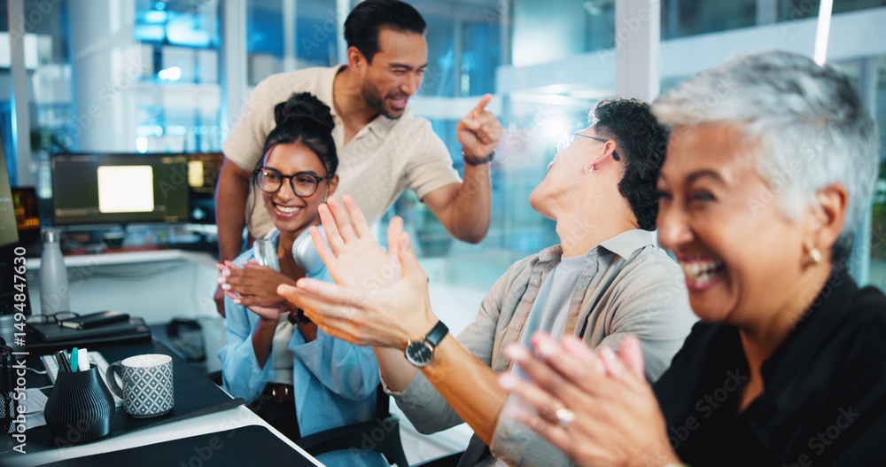 Aufkleber Office, business people and computer with applause for celebration, motivation and coding team. Night, collaboration and programmers with clapping hands for programming success, support and excited