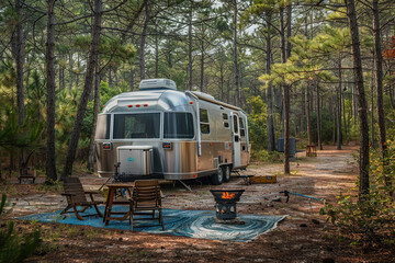 Naklejka premium Holiday trip on large family motorhome for holiday in beautiful natural nature, abstract vivid composition consists of fictional unreal fantastic vision on background