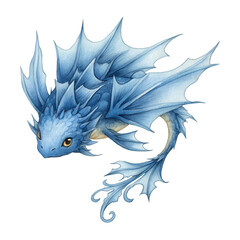 Fototapeta premium A watercolor illustration of a cute blue dragon with spiky fins floats calmly.