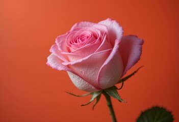 Close up of a delicate pink rose blossom with water droplets on orange background