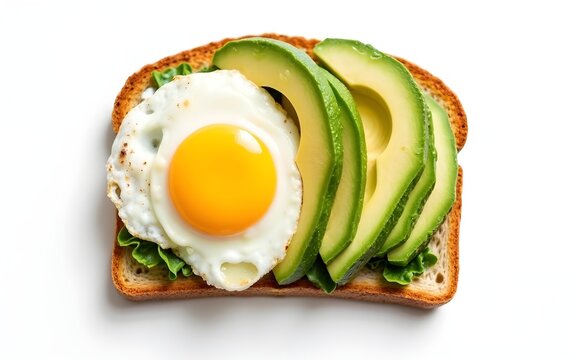 Top view healthy avocado toasts breakfast lunch avocado toast fried eggs white background. High quality