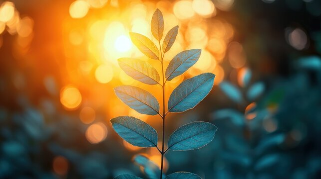 Teal leaves bathed in golden sunlight