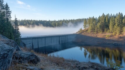 Obraz premium Serene dawn mist shrouds a concrete dam, reflecting in still water, nestled within a pine forest