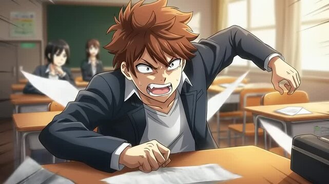A student in a classroom frantically tears paper, showcasing intense emotion amidst classmates