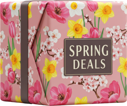 Spring Deals Gift Box with Pink Floral Design Tulips Daffodils and Blossom