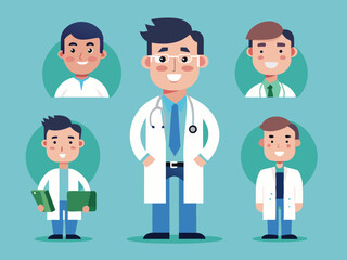 Fototapeta premium Medical staff male character set with various expressions and poses in flat design