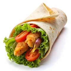 A crispy chicken wrap, tightly rolled with fresh veggies and a crispy fried chicken strip, on a white background
