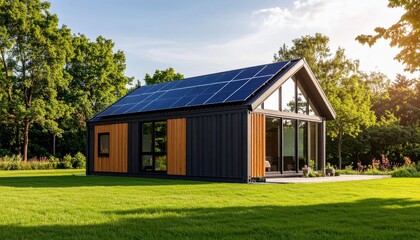 Modern style container house with solar panels, environmentally friendly residence