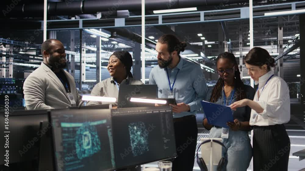 Poster smiling engineering team in server room reviewing infrastructure diagnostics on devices. it professi